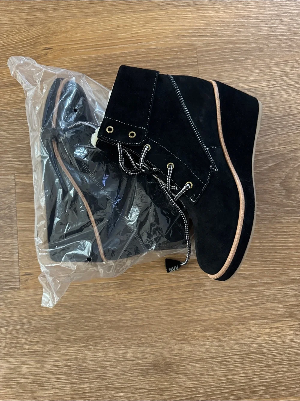 kate spade Black Suede Lace-Up Wedge Ankle Boots with Tan Trim